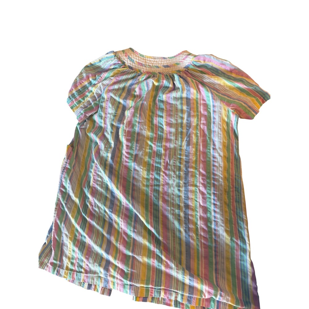 Vintage Pastel Rainbow Striped Seersucker House Dress Button Front Duster XL